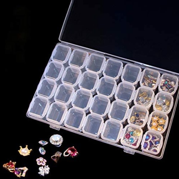 2st genomskinlig plast diamantbroderilåda Fack förvaringslåda med 28 små galler - Organizer för smycken & nageltillbehör & Mak Sunmostar