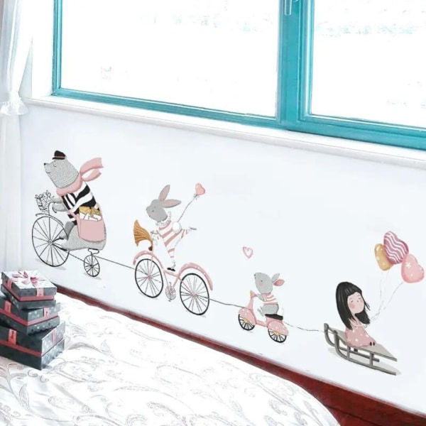 Dekorativ väggdekal för barn, återanvändbar, vardagsrum, reptålig, Djur på cyklar, 90x30 cm