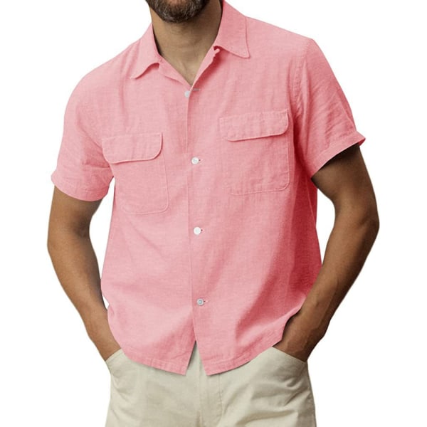 Betterlifefg-Män kortärmad knappad skjorta med fickor Casual , rosa, L