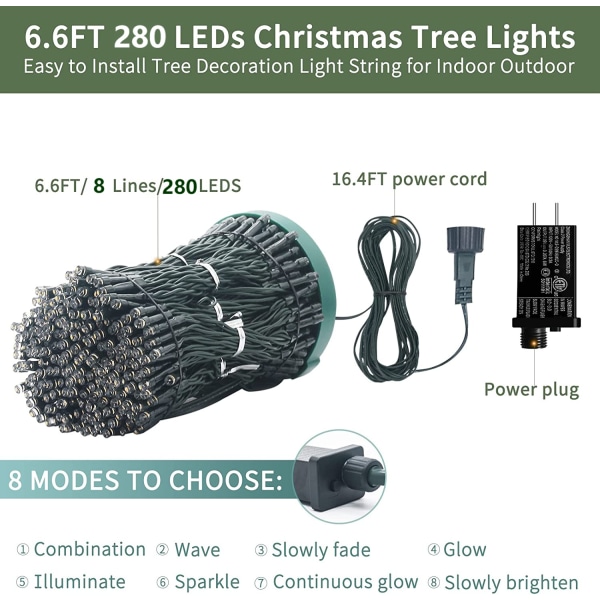 280 LED Light Garland för julgran, 2m x 8 (1,5-2,8m gran) - Varmvit Sunmostar