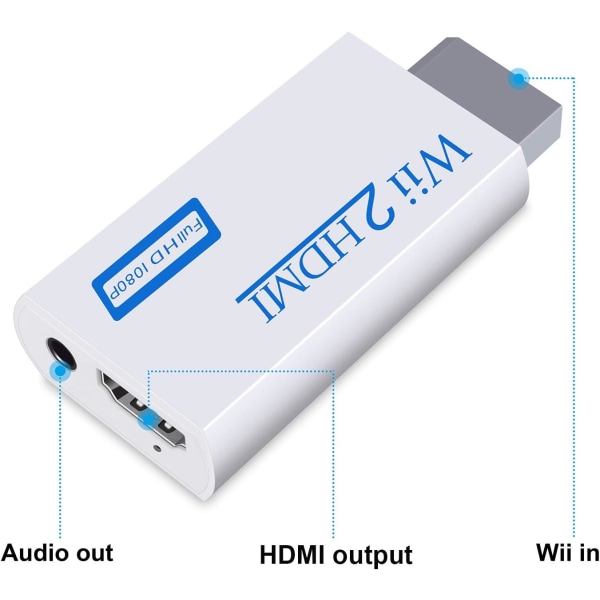 Wii till HDMI-omvandlare, Wii till HDMI-adapter, Wii till HDMI 1080P 720P-kontaktutgång för video och 3,5 mm ljud (vit, 1 st)