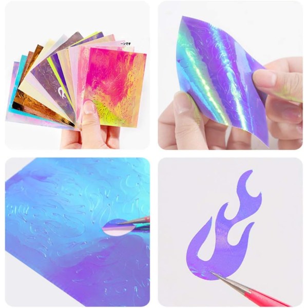 Flame Reflections Nagelklistermärken 16 ark holografiska Fire Flame Nail Art Dekaler Nagelstencil för naglar Manikyr DIY Nagelfolie Tejp Sunmostar