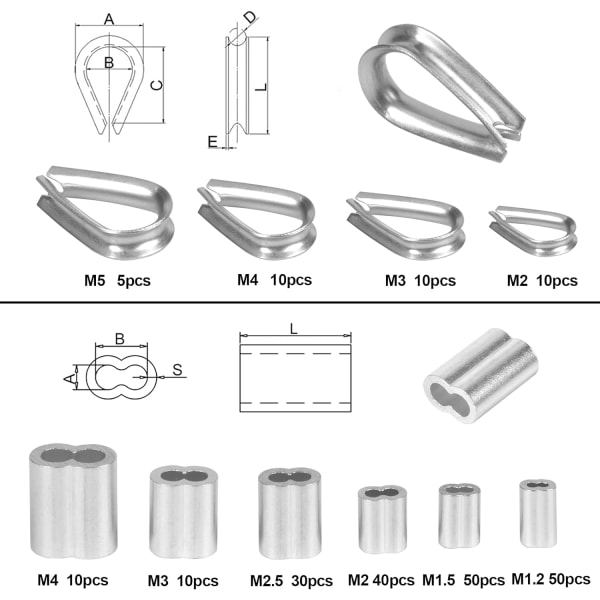 225 stycken M1.2-M5 rostfritt stål vajerklämmor och aluminium presshylsor Clips Kit, Sunmostar Crimping Loop Sleeve