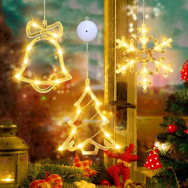 3 st Julfönsterbelysningsdekorationer,Varmvitt Julträd Snöflingor Bell Hängande LED Sucker Lamp Sunmostar
