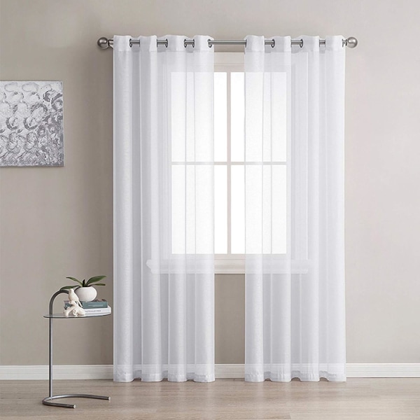 Set med 2 vita voile gardiner, fönsterpaneler voile med solida öglor för sovrumsdekoration i vardagsrummet, 137 cm x 241 cm