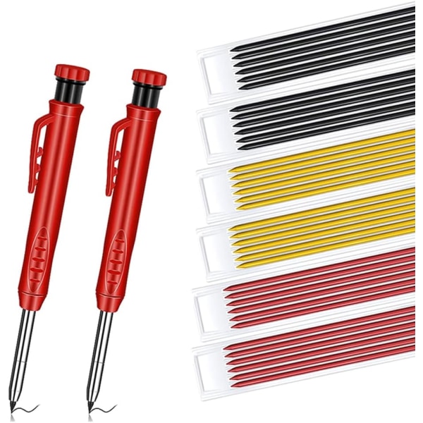 2 stycken Solid Carpenter Penna med 36 Refill Röd Gul Grå Djupa hål Lång näsa Mekanisk Penna Markeringsverktyg med inbyggd vässare för Sunmostar