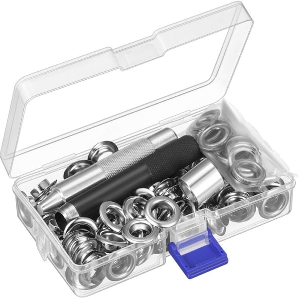 Genomföringsöglor Verktygssats, BR-Vie präglingsinställningsverktyg och 100 uppsättningar genomföringar med förvaringsbox (silver 12 mm) Sunmostar
