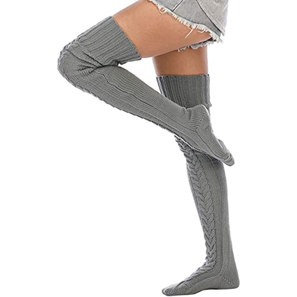Kabelstickade lårstrumpor för kvinnor med höga stövlar extra långa vinterstrumpor över knäbenvärmare (grå)