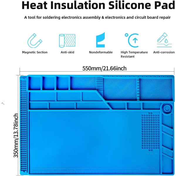 Största (550x350 mm) Silikonreparationslödmatta, magnetisk 500℃ hållbar silikonarbetsmatta, mobiltelefonreparation (1 st, blå)