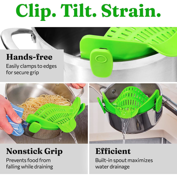 Sila Pot Sil och Pasta Sil - Justerbar Silikon Clip On Sil för grytor, kastruller och skålar - Grön