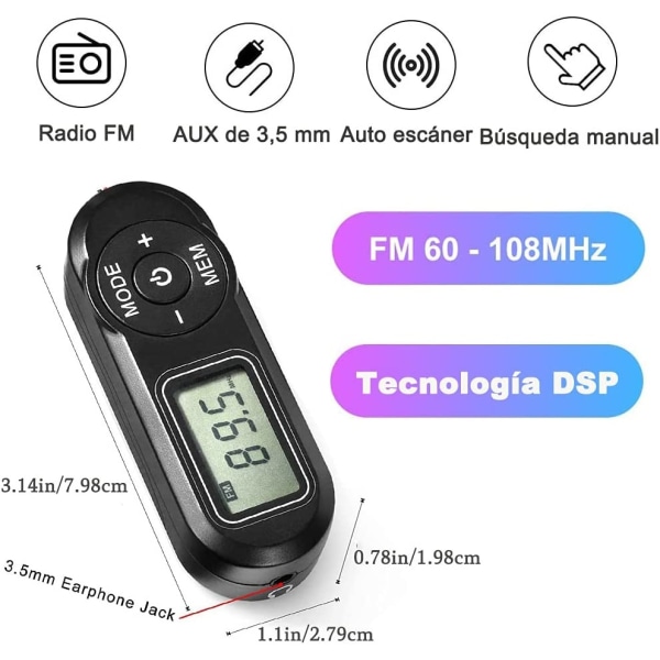 Personlig fickradio + hörlurar, LCD-display, Svart