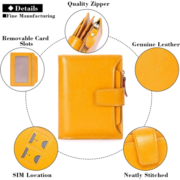 Kvinnors RFID-blockerande läder Liten kompakt dubbelvikt dragkedja Plånbok Kortfodral Case med ID-fönster Citrongul Sunmostar