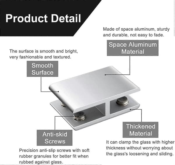 4-pack justerbart dubbelsidigt glashyllfäste i aluminiumlegering, för 8-10 mm tjocklek, 180 grader