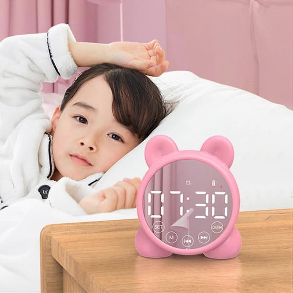 Børnevækkeur Bluetooth-højttaler Sengelampe Vækkeur, spejl Digital Timer, Børns Søvntræner Pink