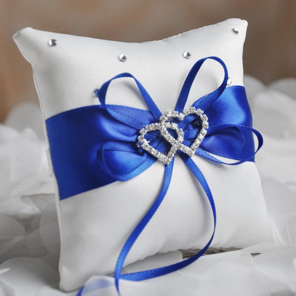 2 st bröllopsset vit satin och kungsblå blomsterflickakorg och ringkuddeset för bröllop blå Blue