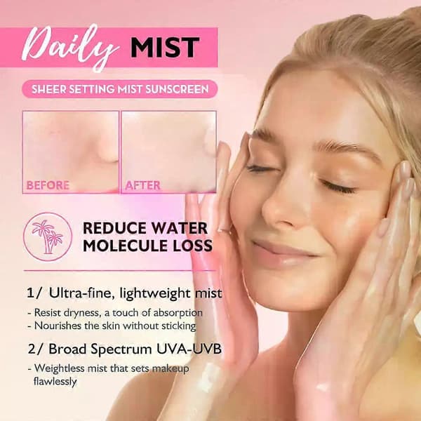 Sunglaze Sheer Setting Mist med SPF50 solcreme, bredspektret hurtigabsorberende