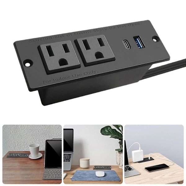 Piilotetut pistorasiat 2 pistorasialla USB C PD20W QC18W pikalataus, sopii saumattomaan työpöydän kaapin asennukseen