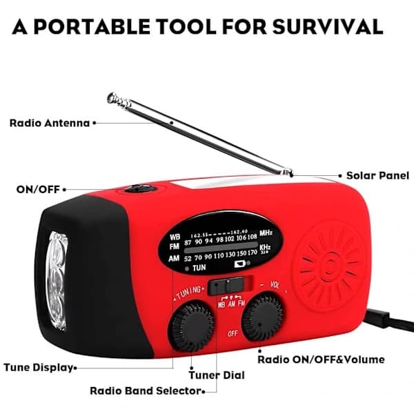 Håndsvingradio med solpanel og 2000mAh powerbank