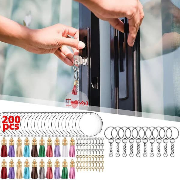 200 nøgleringsemner med kvaster Akryl cirkelskiver nøglering til gør-det-selv håndværk guld