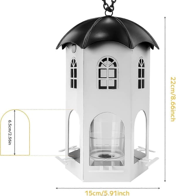 Fuglefoderautomat i metal til udendørs ophængning, vildtfuglefoderautomater med cirkulær siddepind, egernsikker fuglefoderautomat, nem at rengøre og genopfylde, stor frøkapacitet White
