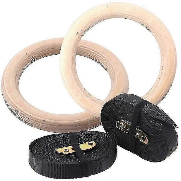 2X Gymnastikringe i træ med justerbare nylonstropper 3 cm