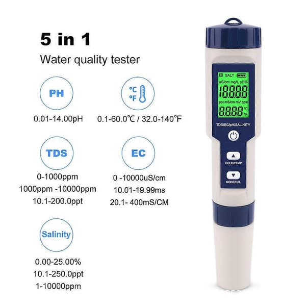 5 i 1 Digital TDS/EC/PH/Salthalt/Vattentemperaturtestare för hydroponik/akvarium/pool/dricksvatten