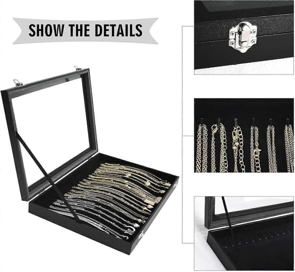 20 krokar halsband display smyckesbricka med transparent lock smyckesdisplaylåda (svart)