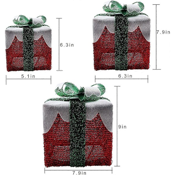 Set med 3 LED-presentaskar med grön rosett, julklappsaskar, festdekorationer