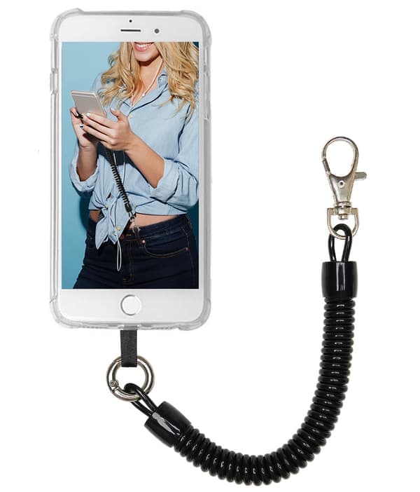 Mobiltelefon sikkerhedssele/spiralrem med karabinhage, sort