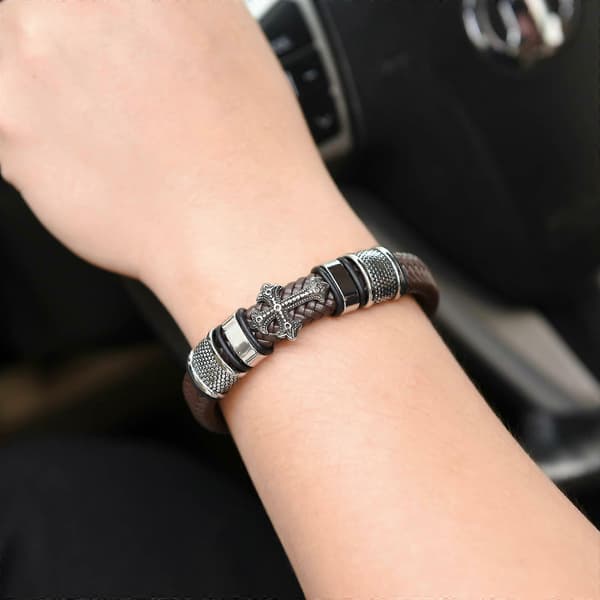 Punk Charm Rustfrit Stål Til Kors Læderarmbånd Mand Charm Sort Vævet Armbånd