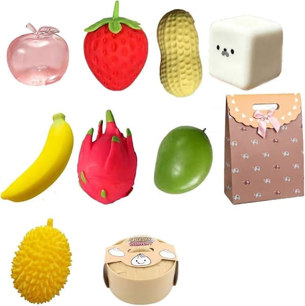 9-pack Squishy Squeeze Set-Klassisk Långsam Resning Squishy av Squeeze Jordgubbsknyte Äpple Banan Squishies Olika Designer, Töjbar Sensorisk B-9pcs-random