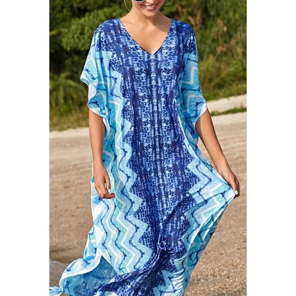 Tryckt Kaftan Maxi Strandkjol för Kvinnor, One Size