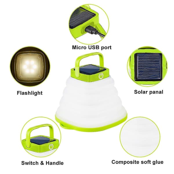 Sammenleggbar LED-solcellelykt 3 moduser USB-kabel Teltlys Lykt Utendørs Solcellelampe Campinglys Hagedekorasjon Grønn