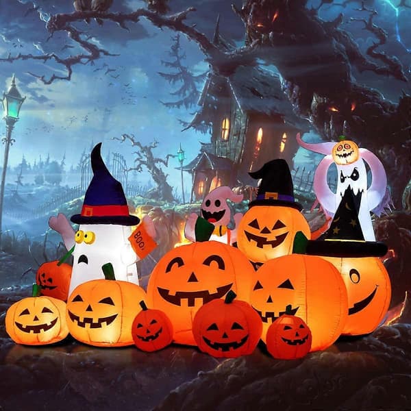 Halloween-pynt oppustelig græskarplads, pust 7 græskarhuse op, indbyggede LED'er