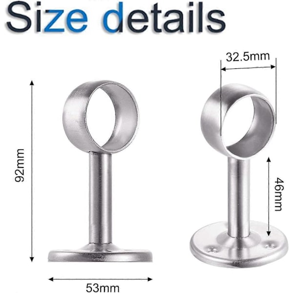 Garderobsrör i rostfritt stål, Dia 32mm (1-1/4\") Klädstångsstöd Stånghållare Sockelfäste, Set om 2