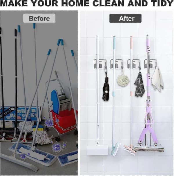 4 stk. koste- og moppeholdere (grå), vægmonteret moppeholder i rustfrit stål uden boring med krog, koste- og moppeorganizer til badeværelse, kontor, køkken