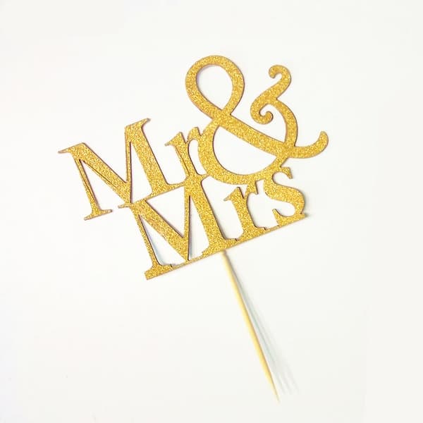 20 stk. guldglimmer Mr. Mrs. + 20 stk. krone kagepynt til bryllupskage