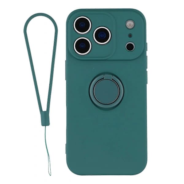 Silikone telefoncover til iPhone 17 Pro Max med snorringstativ (Mørkegrøn, Sort-grøn)