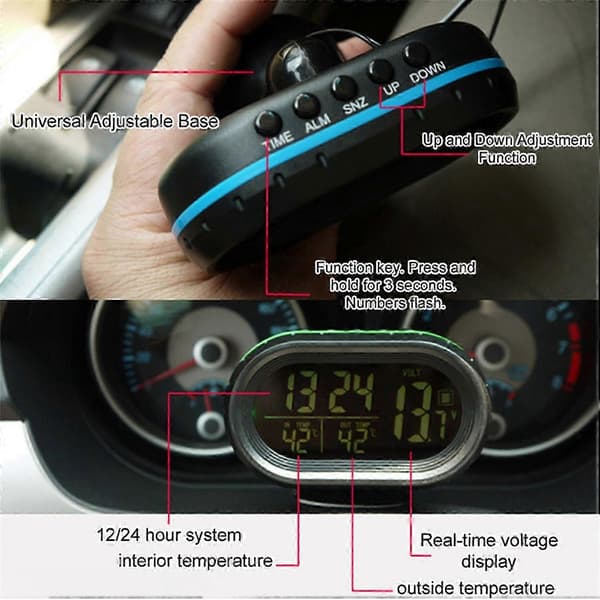 Bilklokke, termometer og voltmeter kombinert blue
