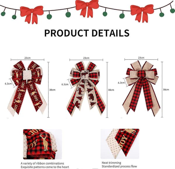 3-pack Buffalo Plaid Julrosetter Älg Julkransrosett Plädrosetter Buffalo Plaid Rosetter Julgransprydnader för Julpyssel