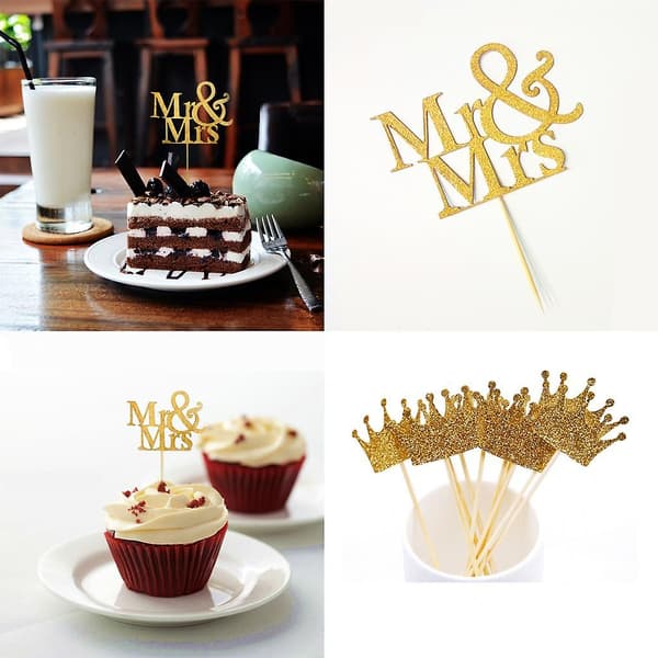 20 stk. guldglimmer Mr. Mrs. + 20 stk. krone kagepynt til bryllupskage