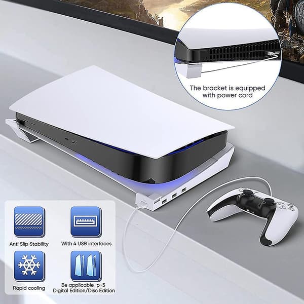Vaakateline PS5:lle 4 USB-laajennuksella, kaappikonsolin vaakasuora pidike, Playstation 5 Di:lle