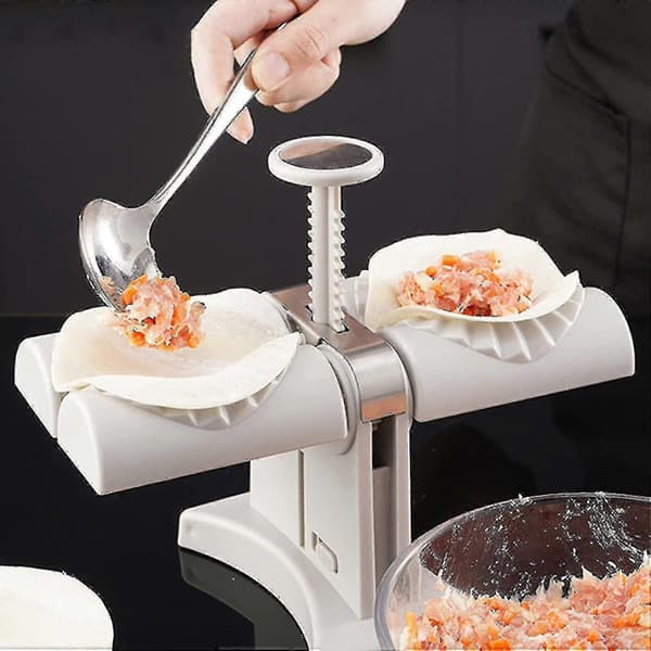 Automatisk dumplingmaskin med dobbelthode, husholdningsmaskin med dobbelthode i rustfritt stål, manuell dumplingmakerform for rask laging av dumplings og empanadas--