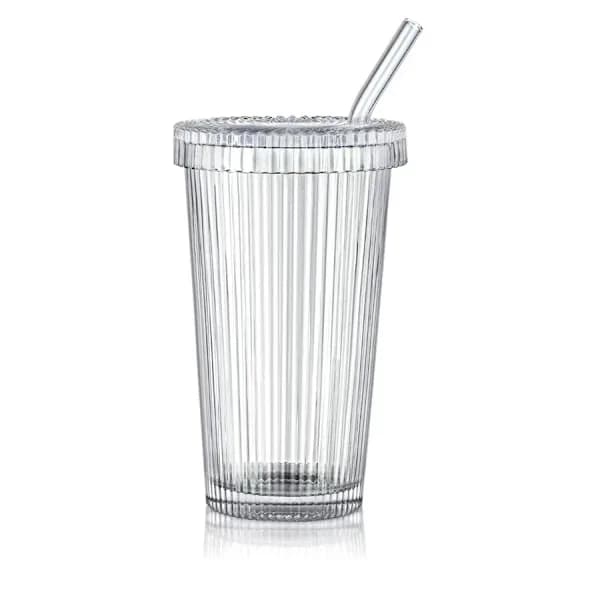Glasmugg randig glaskopp kaffekopp med lock och sugrör