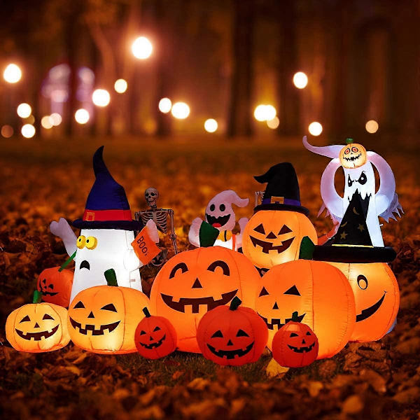 Halloween-pynt oppustelig græskarplads, pust 7 græskarhuse op, indbyggede LED'er
