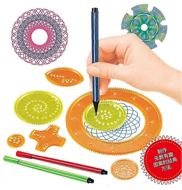 27-delars Spirograf-ritset med sammankopplade kugghjul, spiraldesignpennor och geometriska linjaler