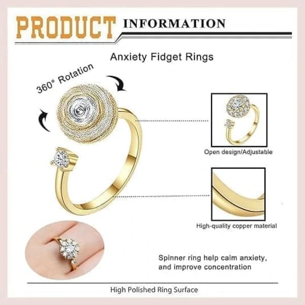 Stressring 6-pakning – Justerbar angstring og fidgetring for kvinner, gull, 6 stk.