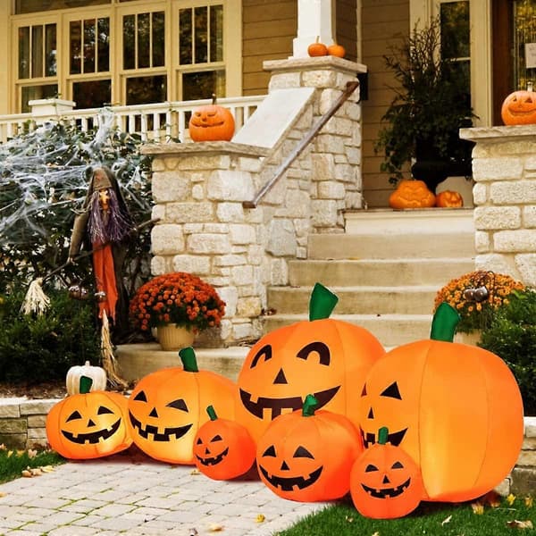 Halloween-pynt oppustelig græskarplads, pust 7 græskarhuse op, indbyggede LED'er