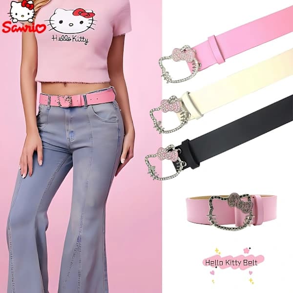 Bælte til kvinder i store størrelser med Hello Kitty krystalspænde og nitter, velegnet til kjoler Sort kt