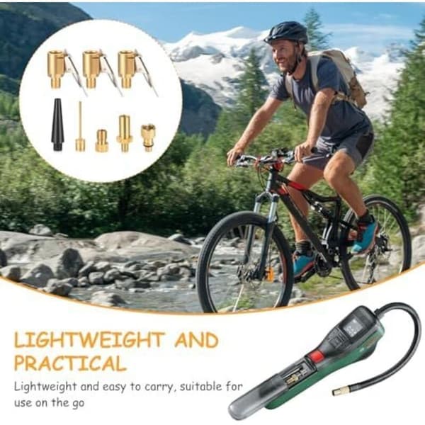 3 st ventiladaptrar och 5 uppblåsningsmunstycken med snabbkoppling för tryckluft, 8 mm cykeldäcksadapter, däckchuckklämmor.